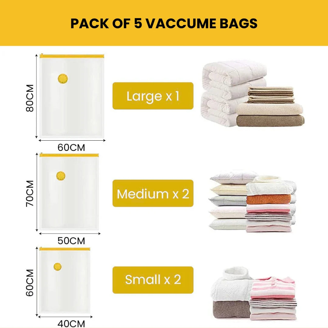 Reusable Vacuum Storage Space Saver Bags (Pack of 5) with Vacuum Pump