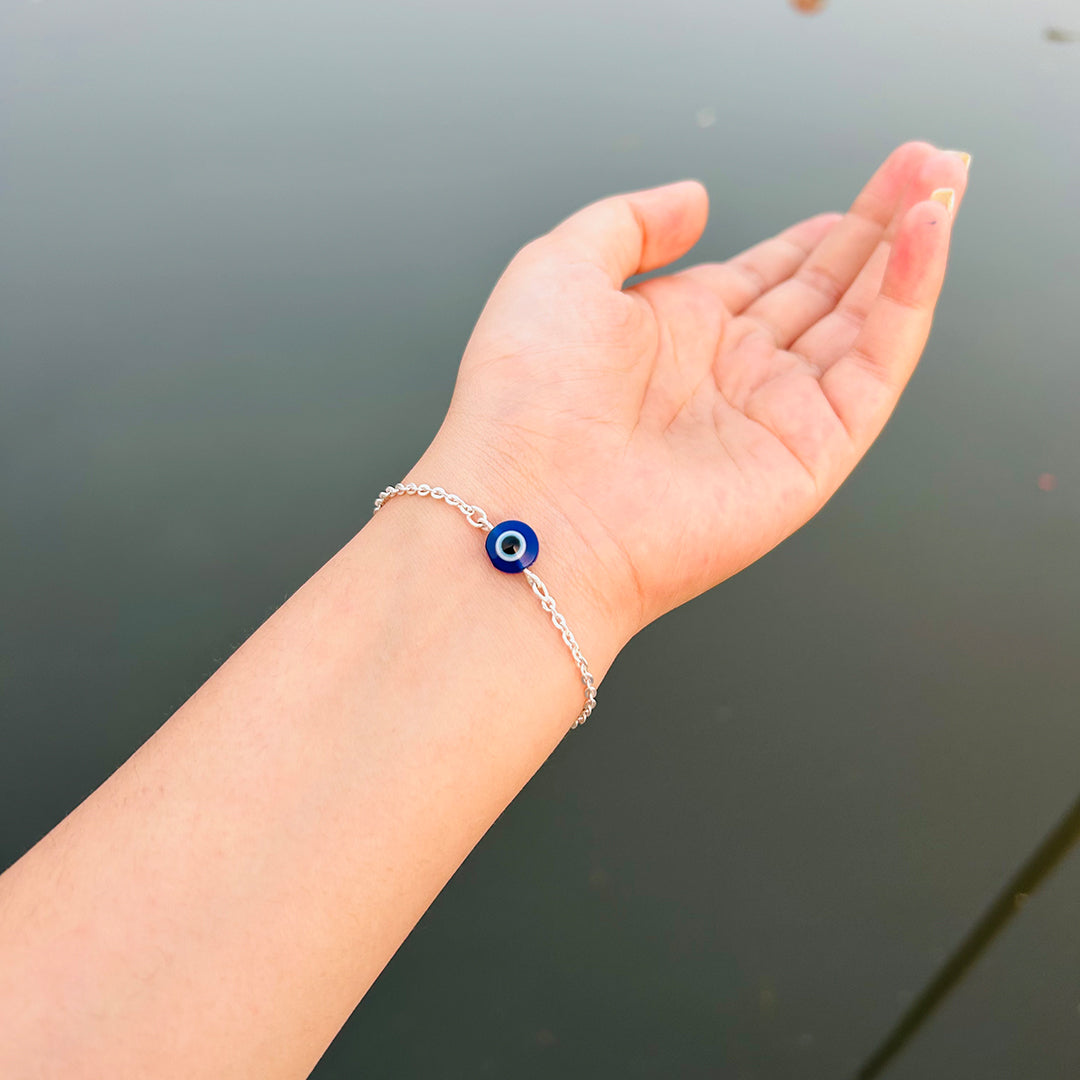 Sleek Chain Evil Eye Bracelet 925 Pure Sterling Silver