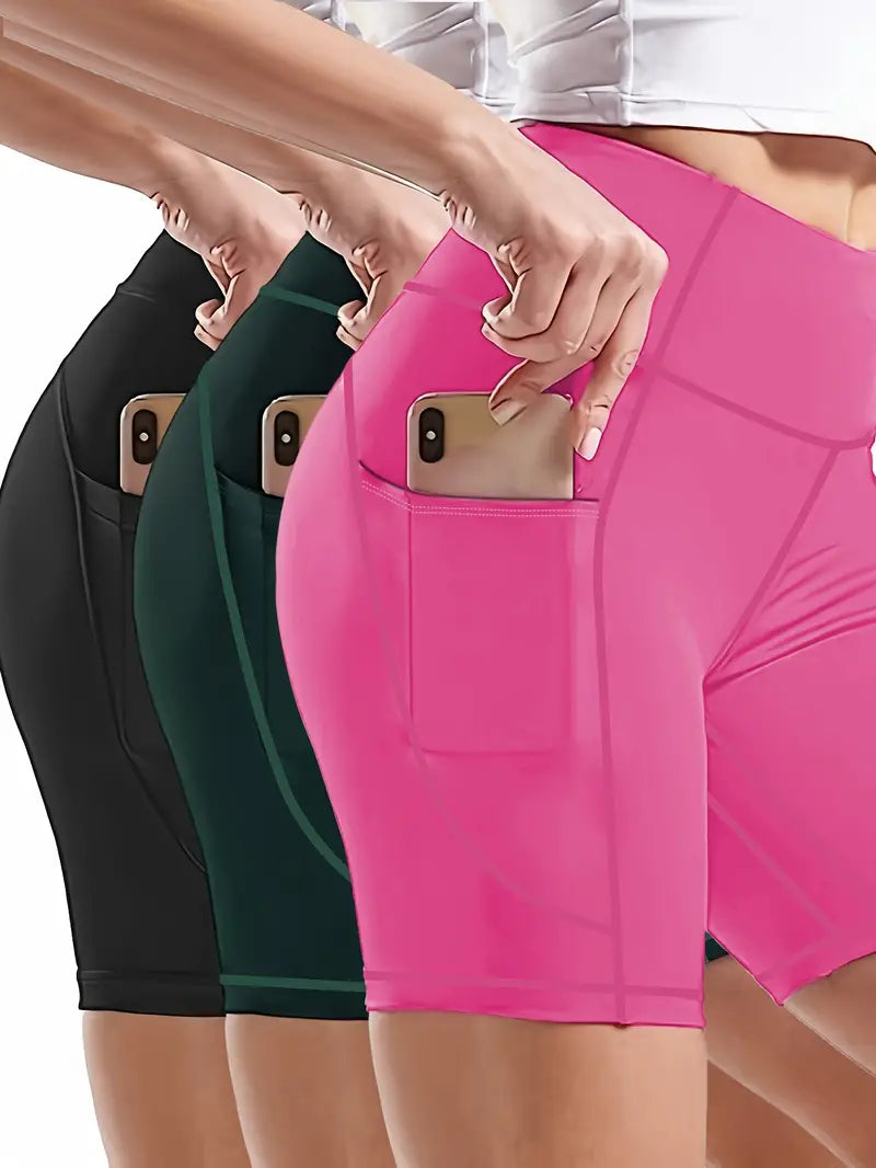 ELITEPRO™ 3 Pack Plus Size Sports Leggings Set, Women's Plus Solid Wide Waistband Tummy Control Yoga Biker Shorts With Phone Pockets 3pcs Set