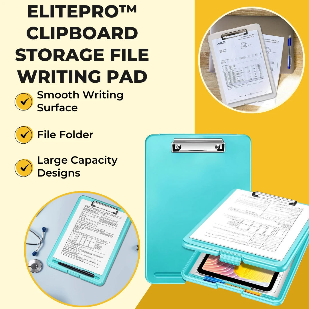 ELITEPRO™ Clipboard Paper Holder Storage Writing Pad with Storage Plastic Clipboard Ideal for Office, Nurse, Students, Teachers, Sales