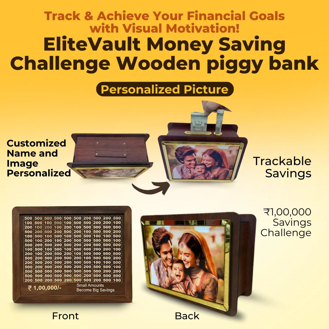 EliteVault Money Saving Challenge Wooden piggy bank - Customized With Name & Photo (Prepaid Orders Only)