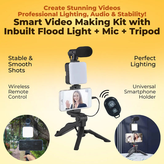 Smart Video Making Kit with Inbuilt Flood Light + Mic + Tripod