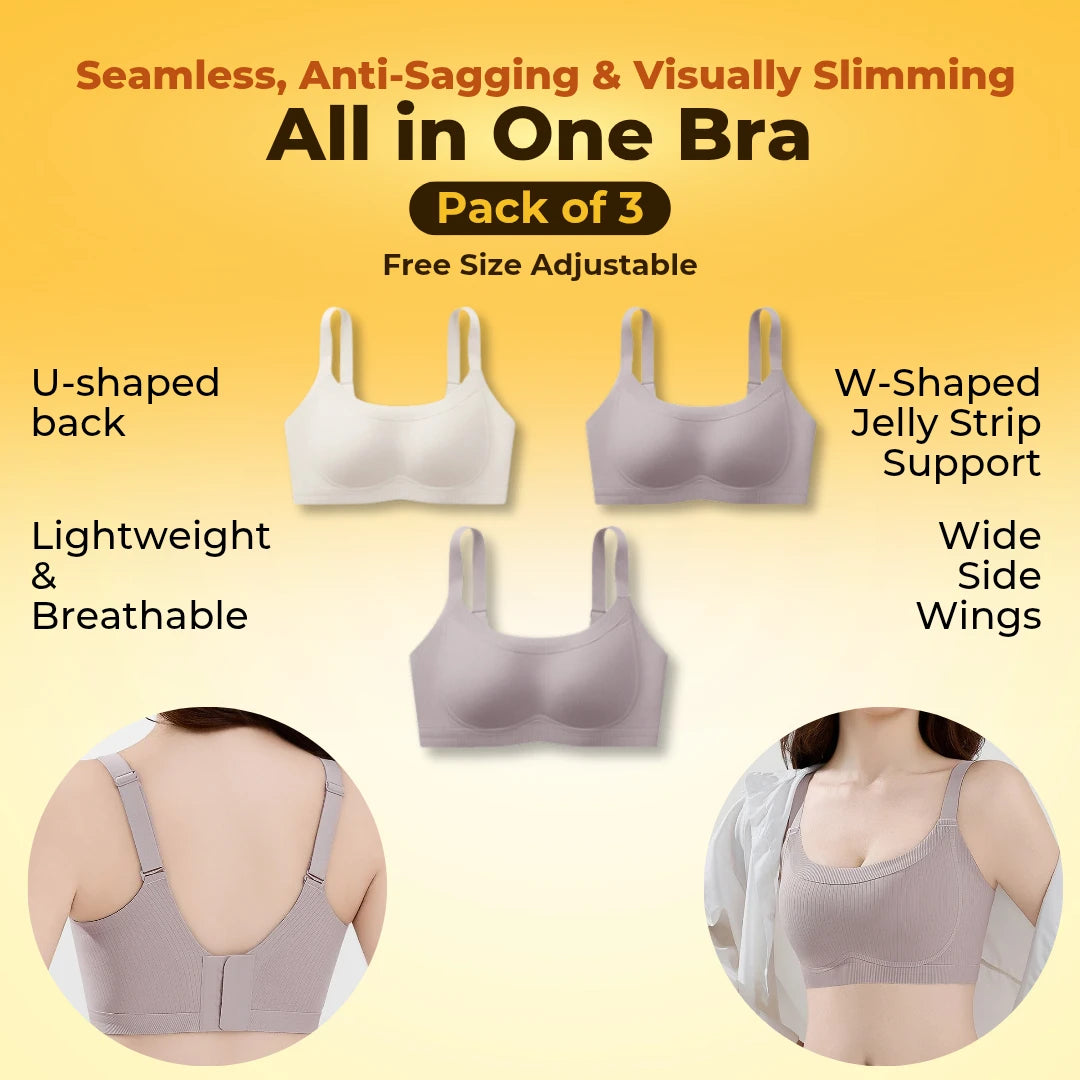 All in One Bra - Seamless, Anti-sagging & Visually Slimming - Pack OF 3 (Black,Grey & Beige Colors)