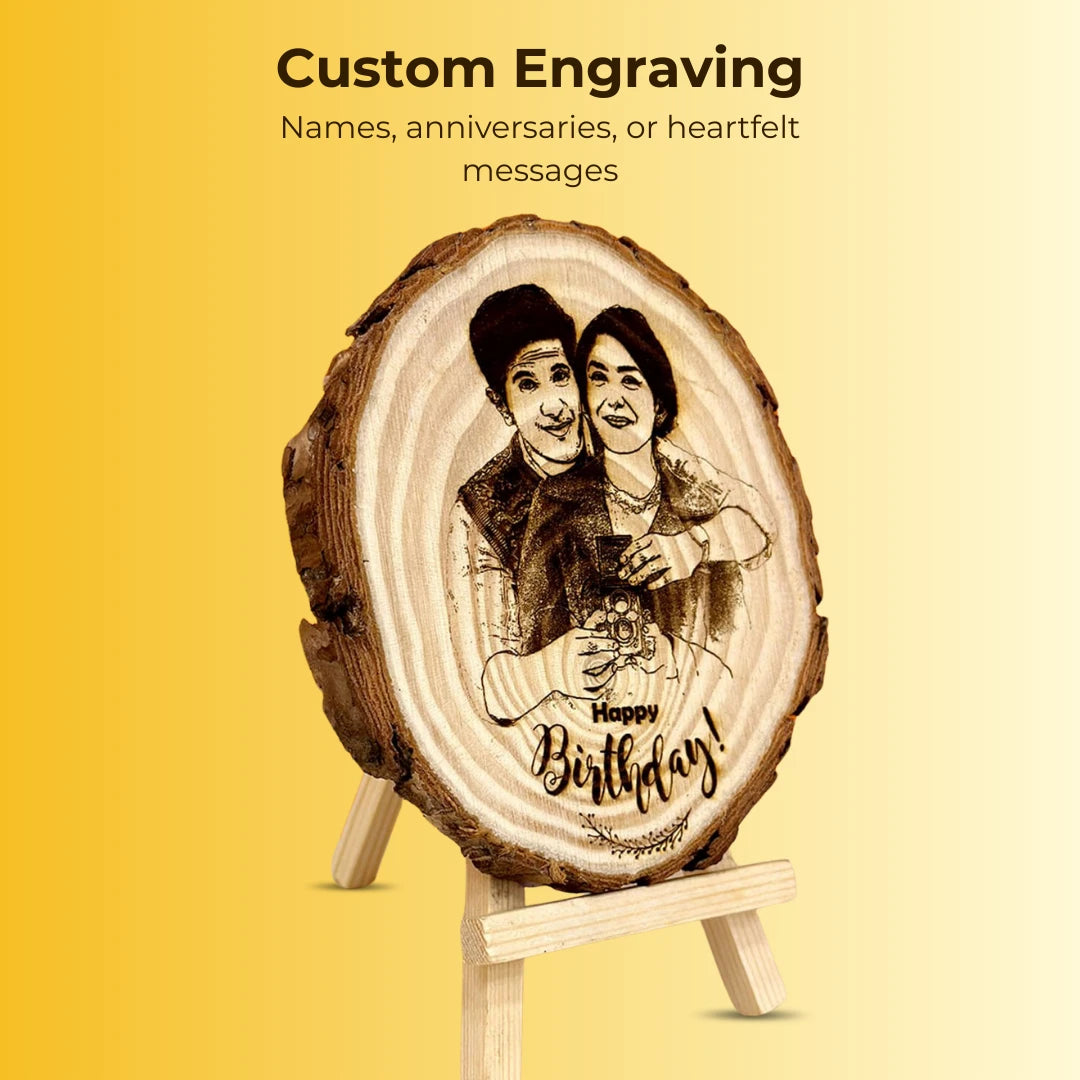 Natural Wooden Slice Engraved Photo Frame With Stand