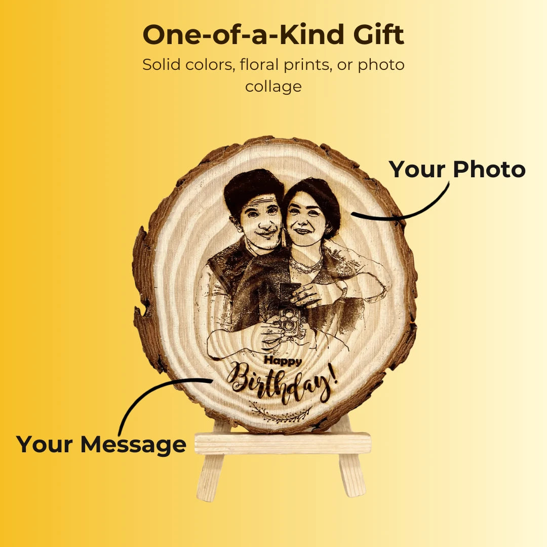 Natural Wooden Slice Engraved Photo Frame With Stand