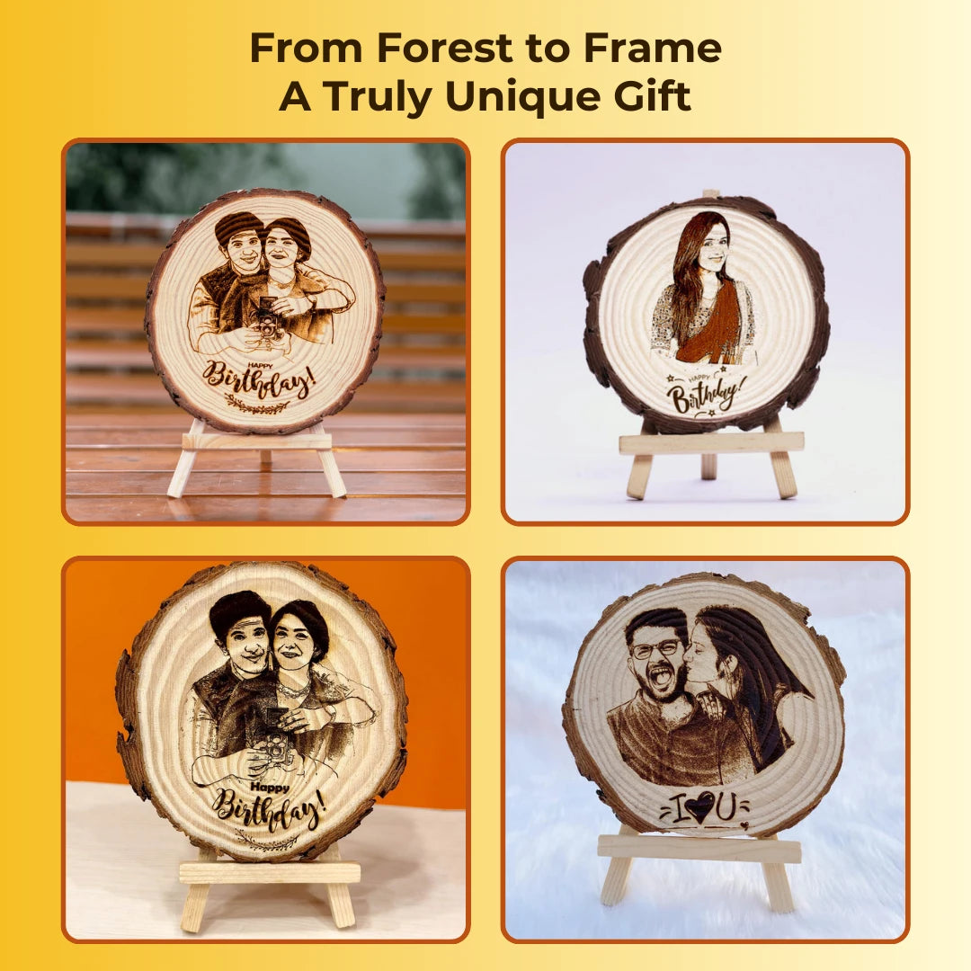 Natural Wooden Slice Engraved Photo Frame With Stand
