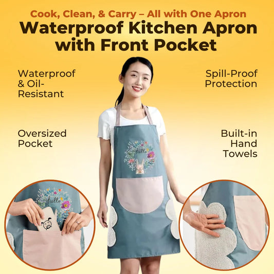 Waterproof Kitchen Apron with Front Pocket and Built-in Hand Towels - Adjustable Free Size