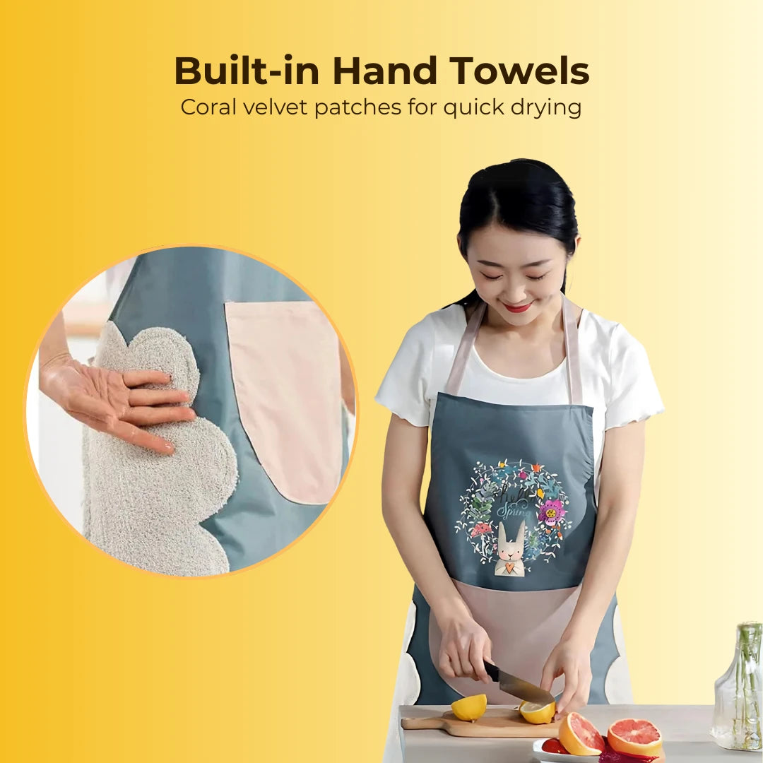 Waterproof Kitchen Apron with Front Pocket and Built-in Hand Towels - Adjustable Free Size
