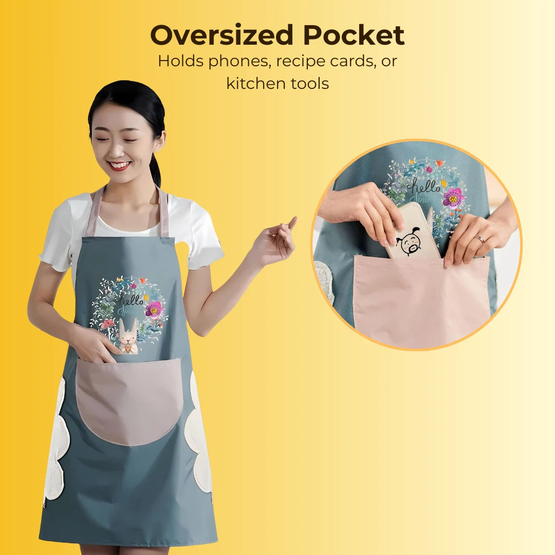 Waterproof Kitchen Apron with Front Pocket and Built-in Hand Towels - Adjustable Free Size