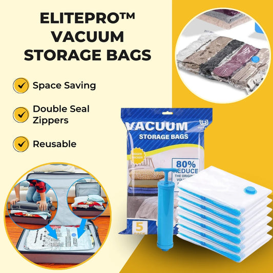 Reusable Vacuum Storage Space Saver Bags (Pack of 5) with Vacuum Pump