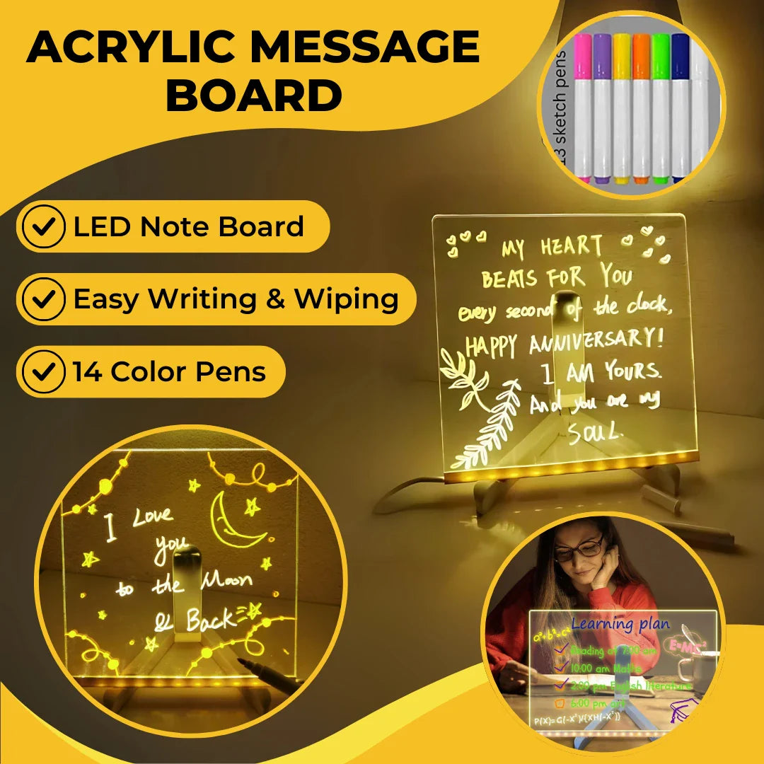 LED Rewritable Acrylic Message board with stand + 14 Multi Colored Pen FREE