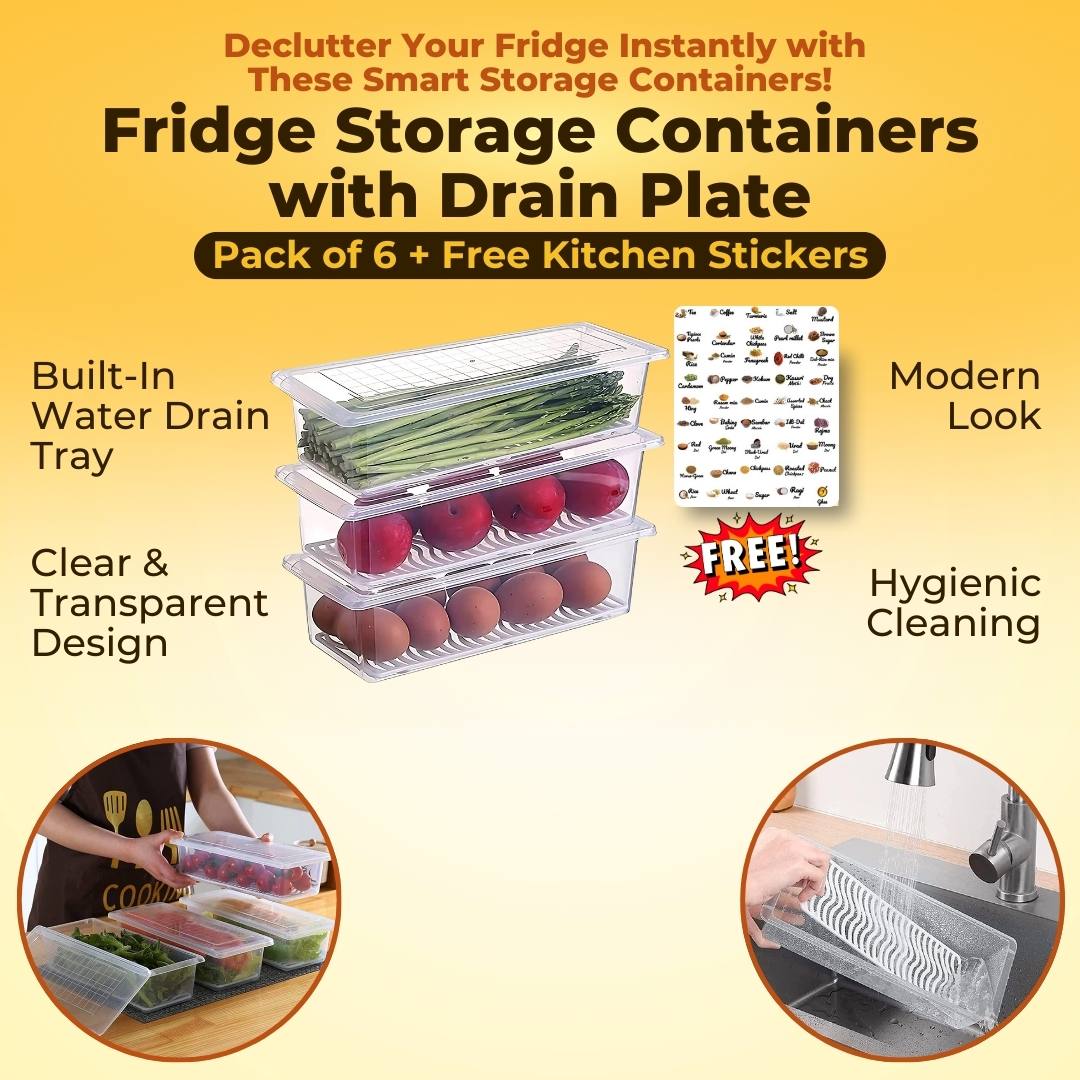 Fridge Storage Container with Drain Plate with Free Kitchen Stickers