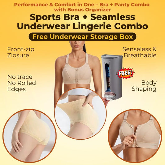 Advertisement for a sports bra and seamless underwear lingerie combo with storage box on a yellow background.