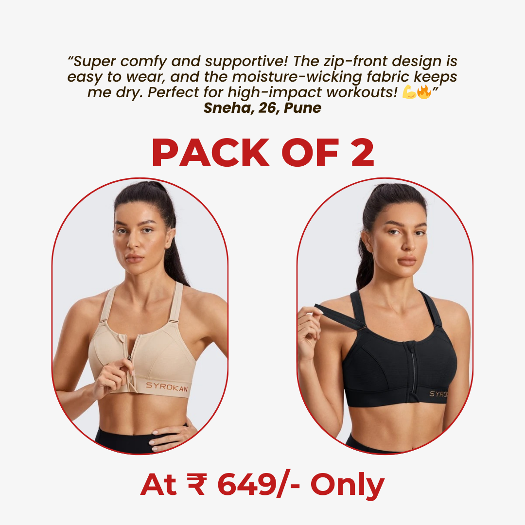 High Impact Zip Up Front Cross Back Bra - (Pack af 2) Adjustable Size (MultiColor)