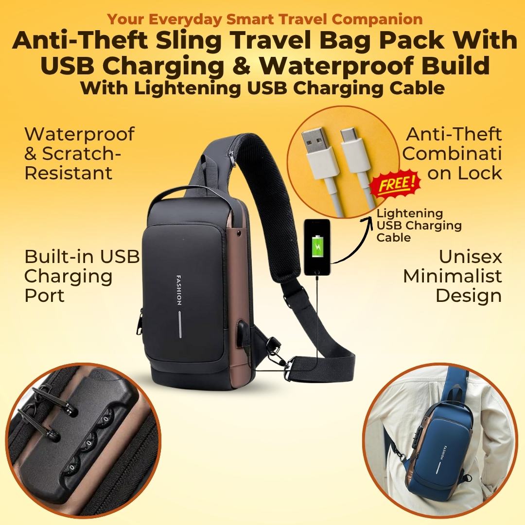 Anti-Theft Sling Travel Bag Pack With USB Charging & Waterproof Build - With FREE Lightening USB Charging Cable