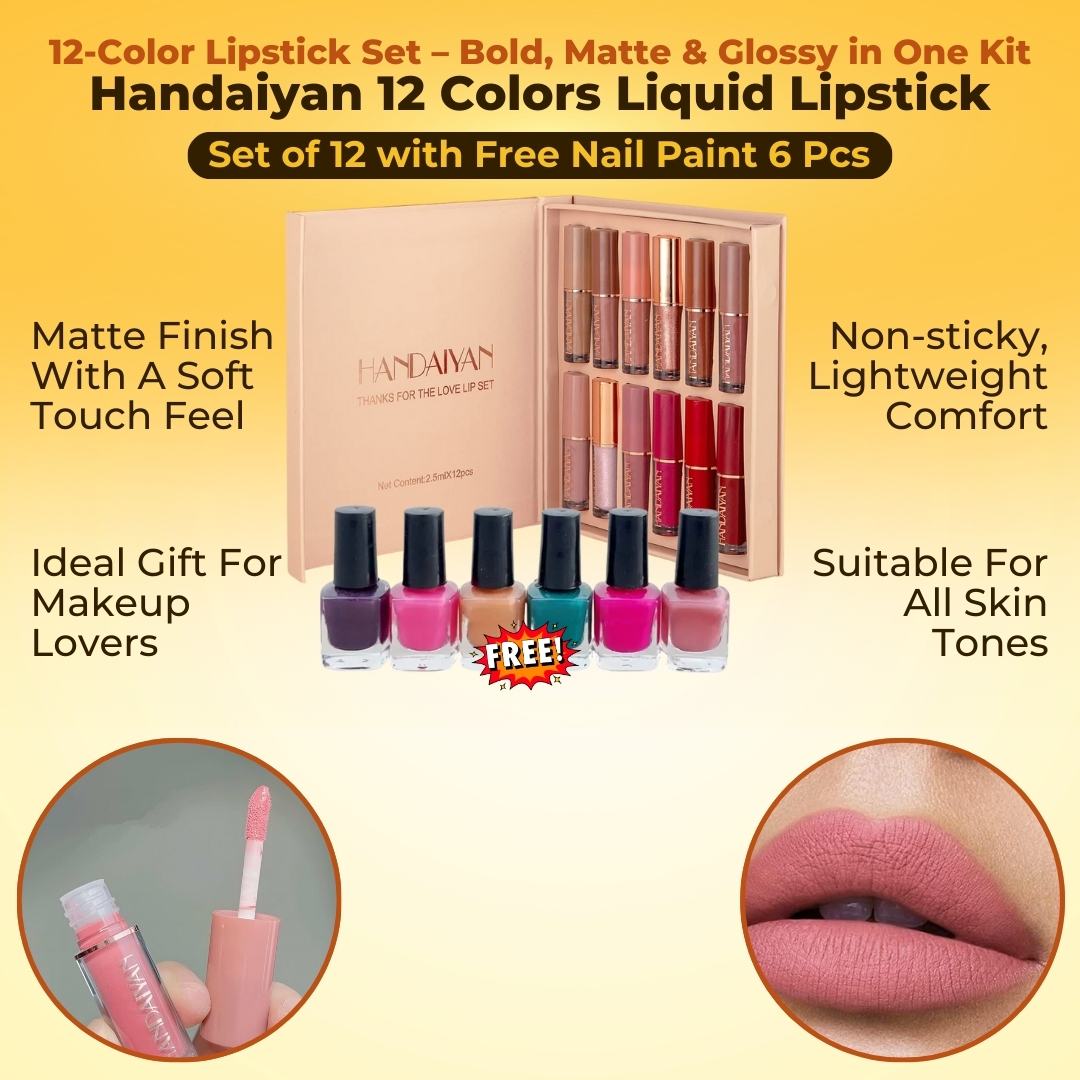 Elite Handaiyan 12 Colors Liquid Lipstick Set of 12 With FREE Nail Paint 6 pcs ( FREE Nail Paint Color Pink Red White Black Mehroon Green )