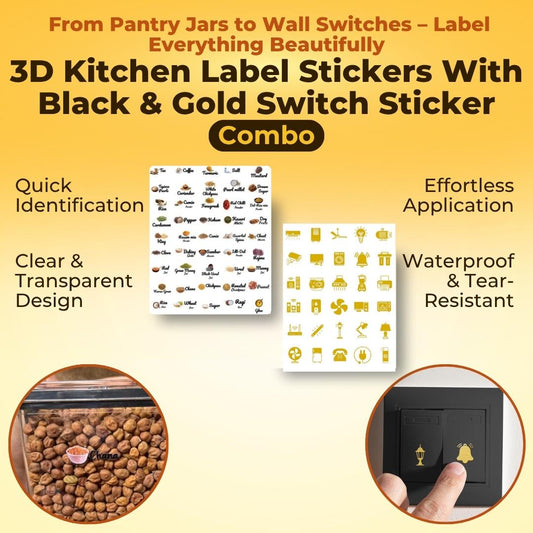 Set Of 45 3D Kitchen Label Stickers With Set of 100 Black & Gold Switch Sticker Combo