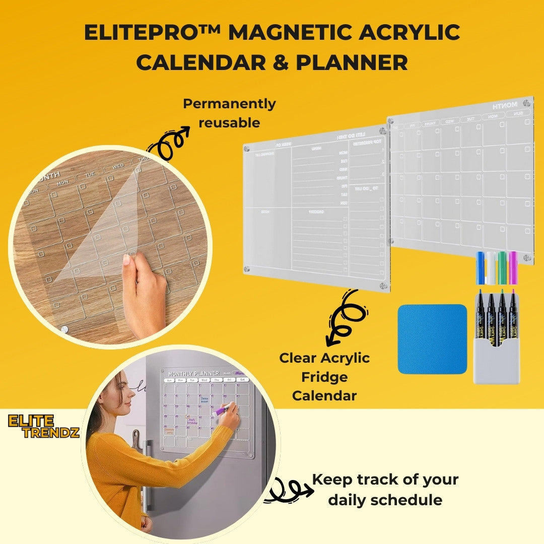 ELITEPRO™ Magnetic Acrylic Calendar & Planner, Acrylic Dry Erase Board for Fridge, 16"x12" Clear Calendar & Memo Board for Refrigerator, Monthly Planner and Whiteboard, Includes 4 Dry Erase Markers, Eraser, Pen Holder