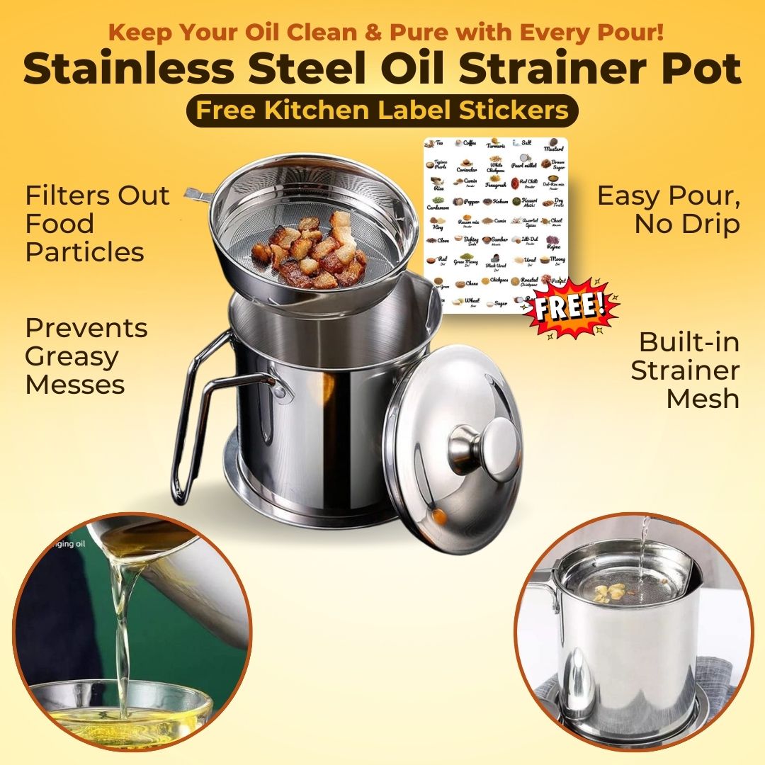 Stainless Steel Oil Strainer Pot With Free Kitchen Label Stickers