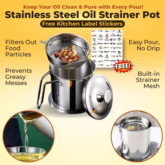 Stainless Steel Oil Strainer Pot With Free Kitchen Label Stickers