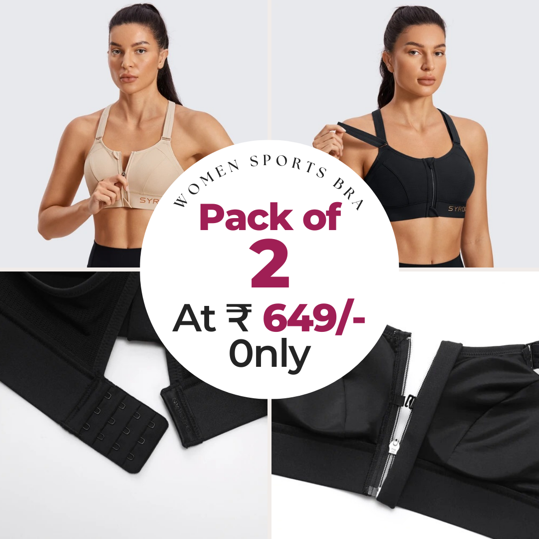 High Impact Zip Up Front Cross Back Bra - (Pack af 2) Adjustable Size (MultiColor)