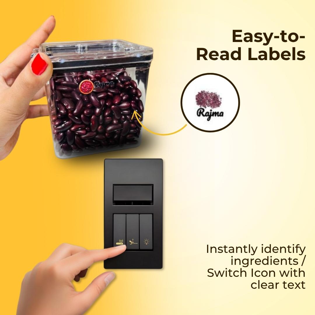 Set Of 45 3D Kitchen Label Stickers With Set of 100 Black & Gold Switch Sticker Combo