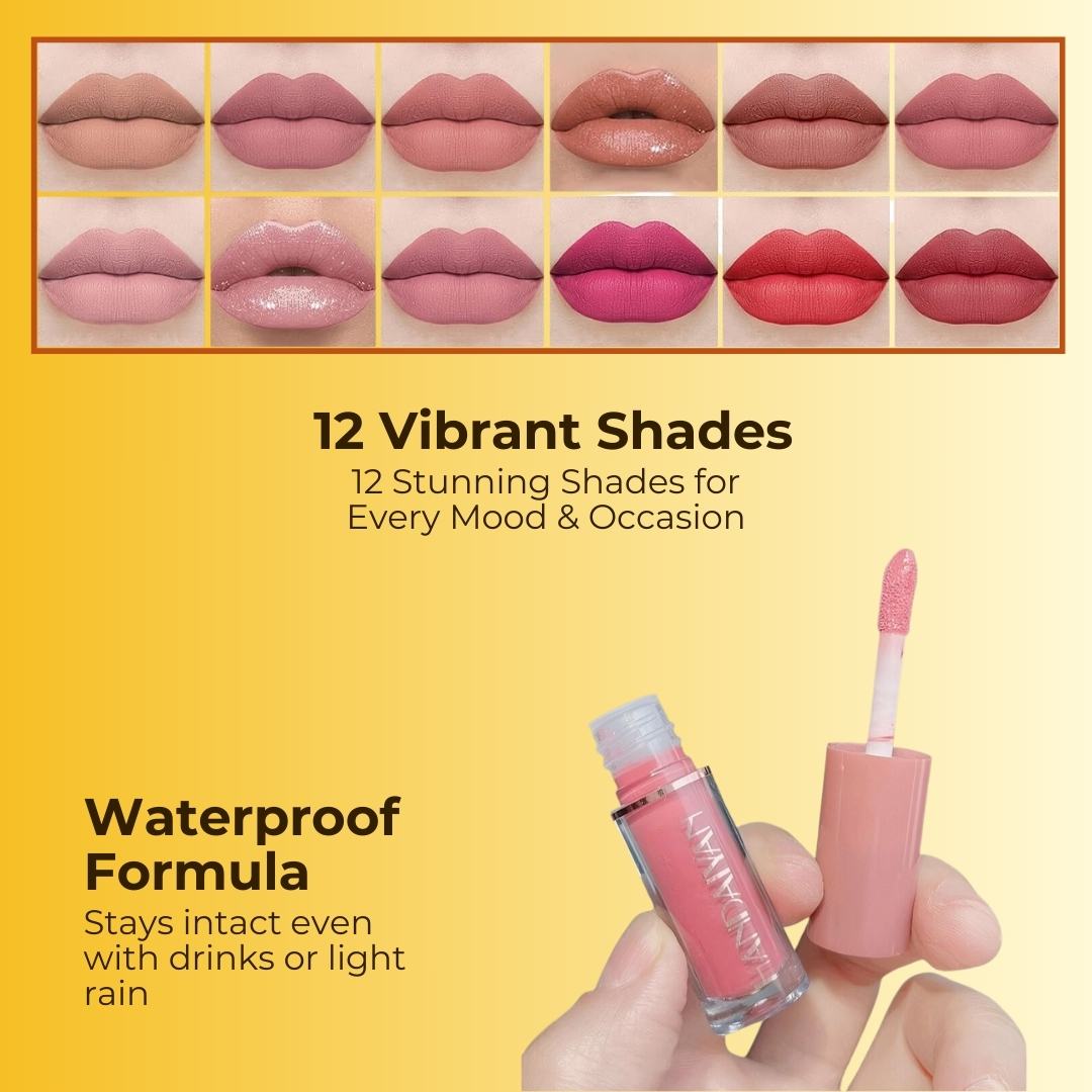 Elite Handaiyan 12 Colors Liquid Lipstick Set of 12 With FREE Nail Paint 6 pcs ( FREE Nail Paint Color Pink Red White Black Mehroon Green )