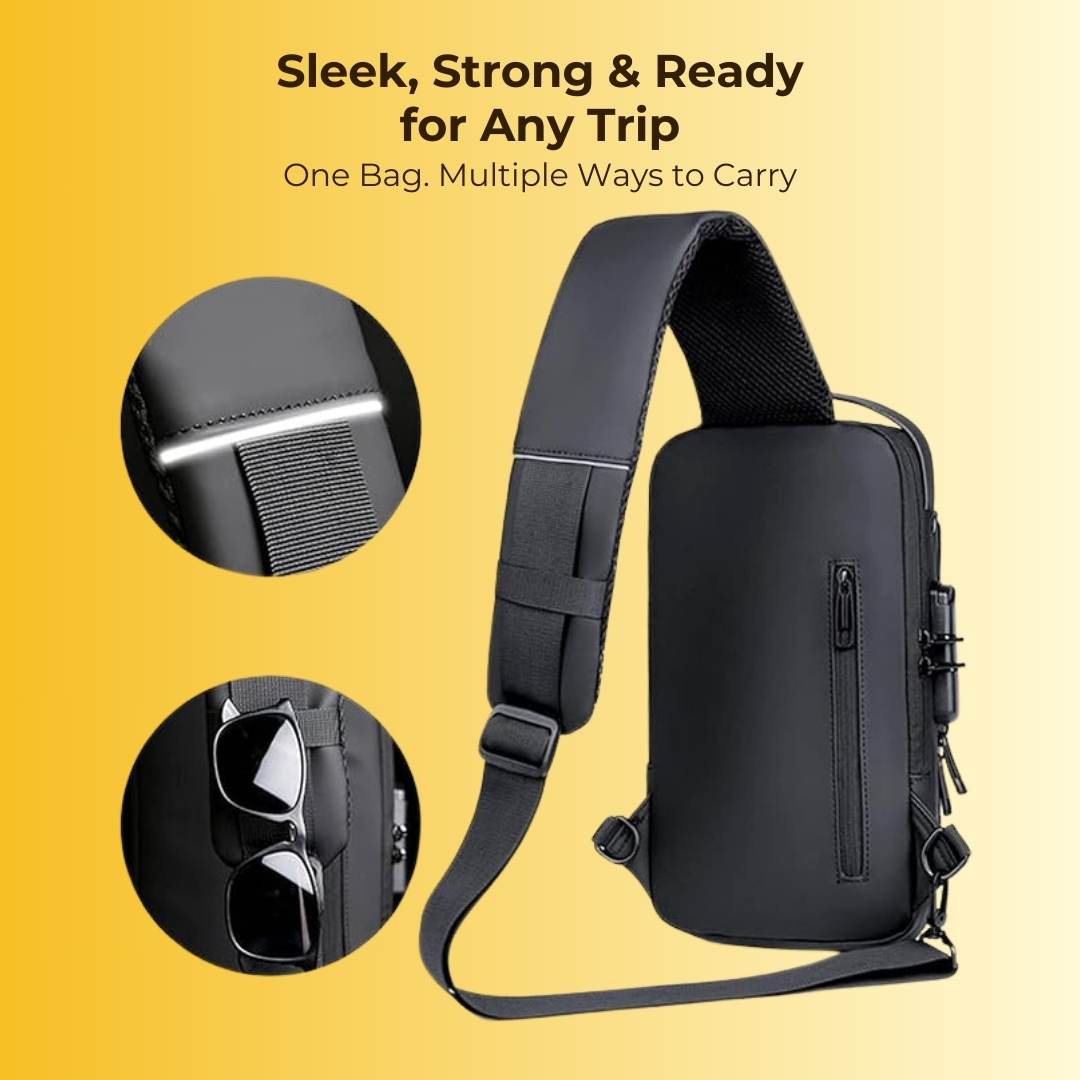 Anti-Theft Sling Travel Bag Pack With USB Charging & Waterproof Build - With FREE Lightening USB Charging Cable