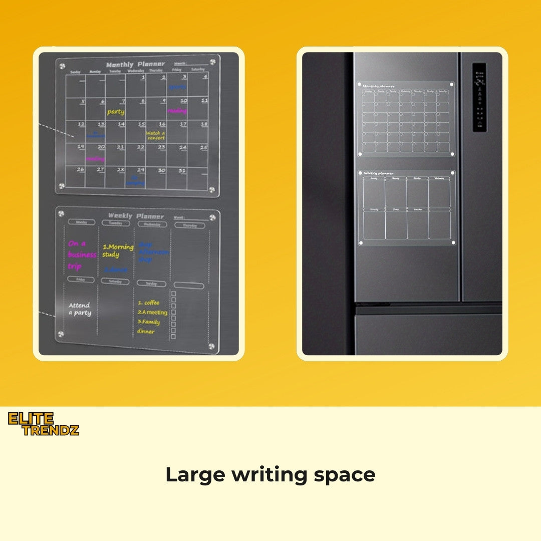 ELITEPRO™ Magnetic Acrylic Calendar & Planner, Acrylic Dry Erase Board for Fridge, 16"x12" Clear Calendar & Memo Board for Refrigerator, Monthly Planner and Whiteboard, Includes 4 Dry Erase Markers, Eraser, Pen Holder