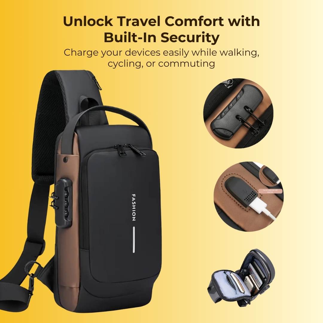 Anti-Theft Sling Travel Bag Pack With USB Charging & Waterproof Build - With FREE Lightening USB Charging Cable