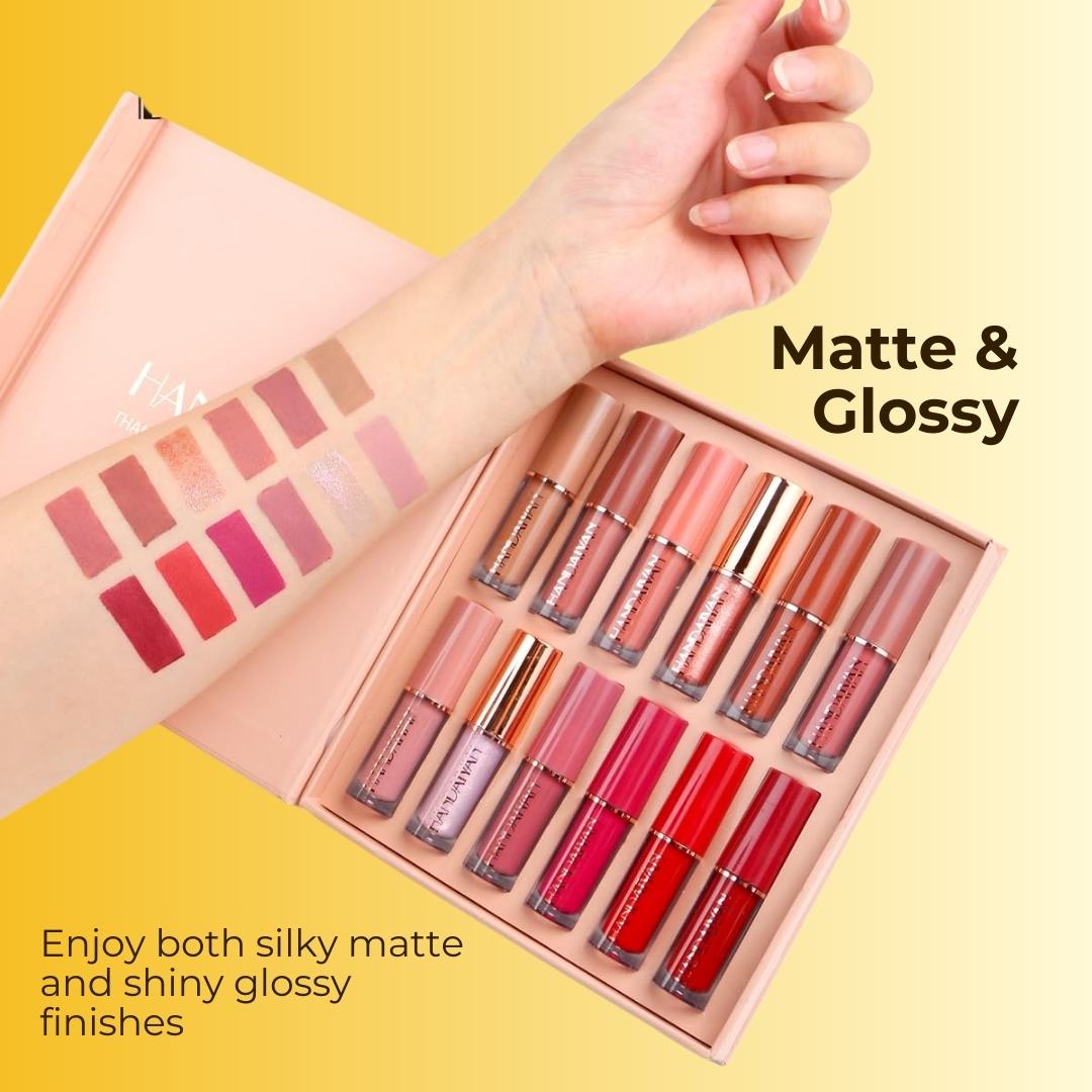 Elite Handaiyan 12 Colors Liquid Lipstick Set of 12 With FREE Nail Paint 6 pcs ( FREE Nail Paint Color Pink Red White Black Mehroon Green )