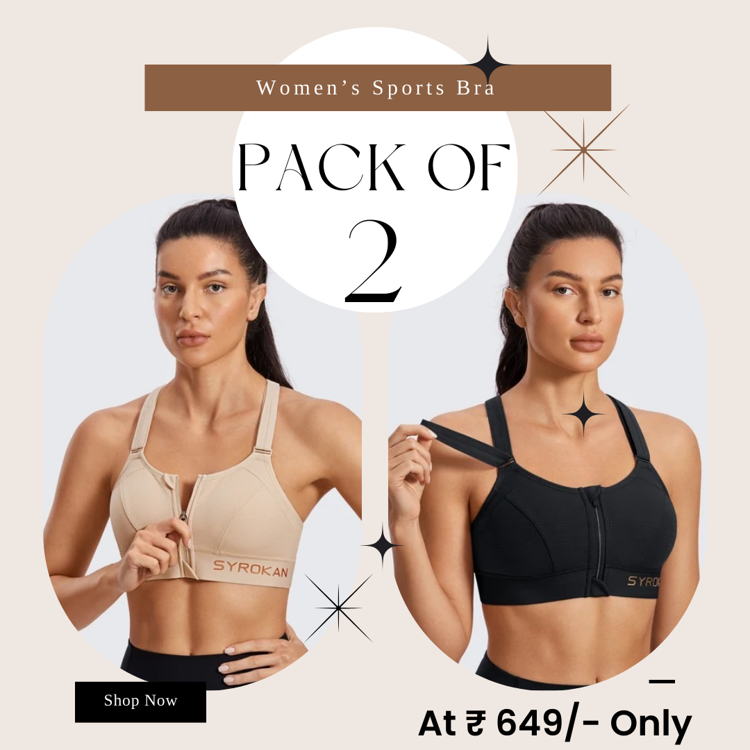 High Impact Zip Up Front Cross Back Bra - (Pack af 2) Adjustable Size (MultiColor)