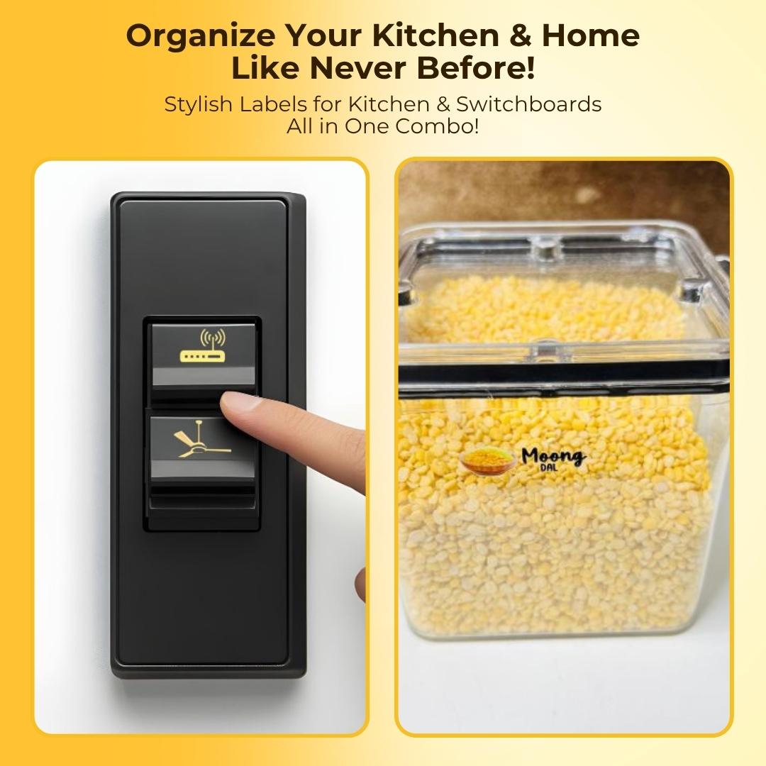 Set Of 45 3D Kitchen Label Stickers With Set of 100 Black & Gold Switch Sticker Combo