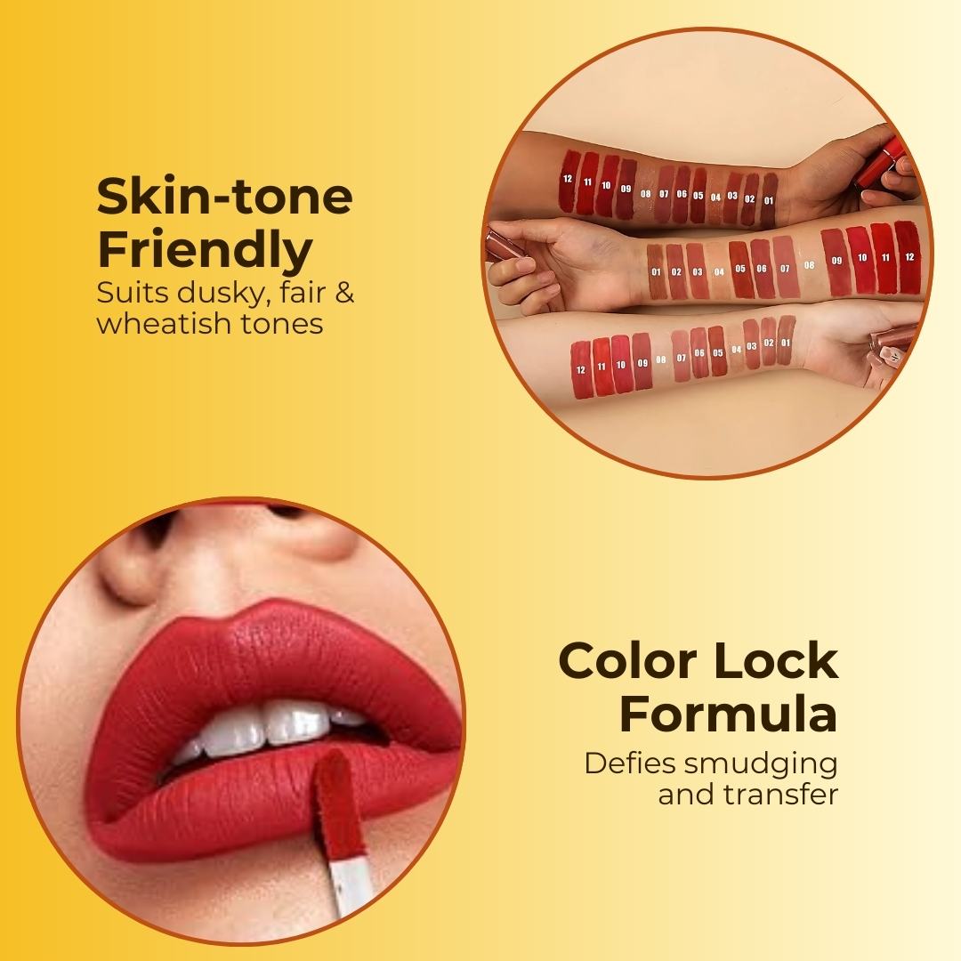 Elite Handaiyan 12 Colors Liquid Lipstick Set of 12 With FREE Nail Paint 6 pcs ( FREE Nail Paint Color Pink Red White Black Mehroon Green )