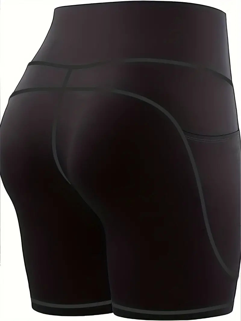 ELITEPRO™ 3 Pack Plus Size Sports Leggings Set, Women's Plus Solid Wide Waistband Tummy Control Yoga Biker Shorts With Phone Pockets 3pcs Set