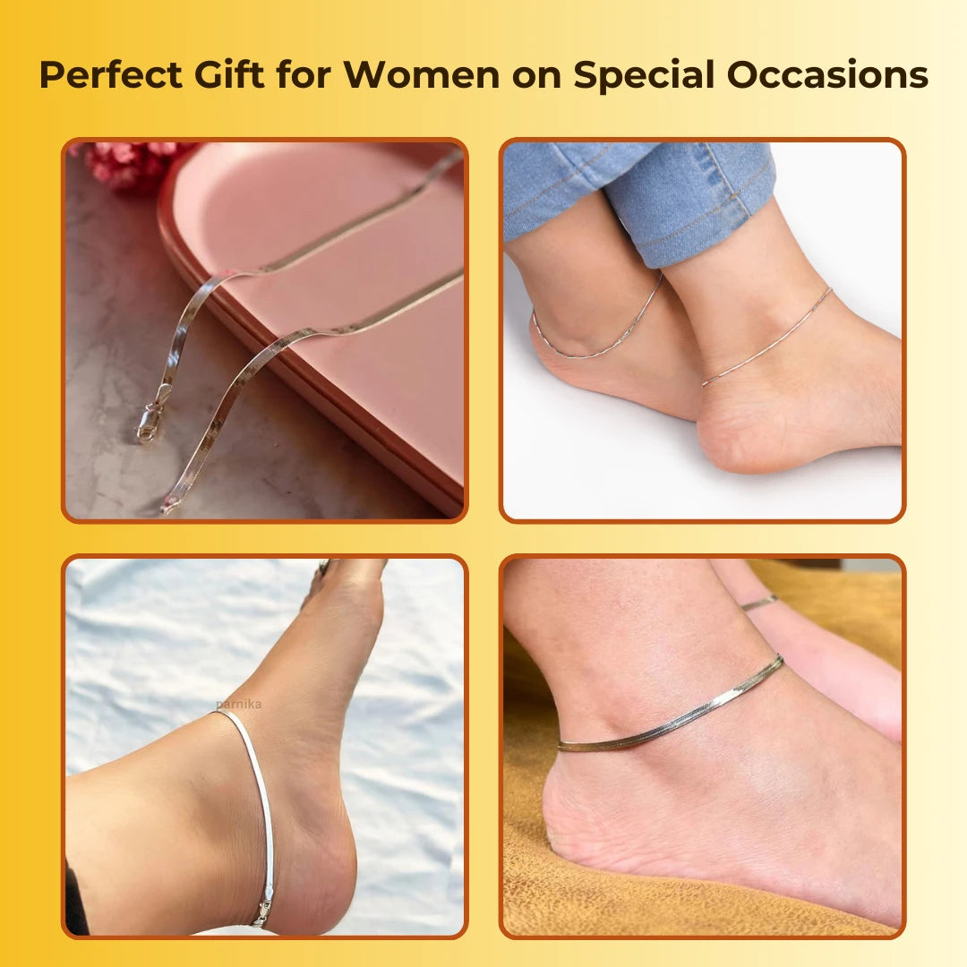 Anti Tarnish Lucky Charm Silver Snake Anklets (Pair)