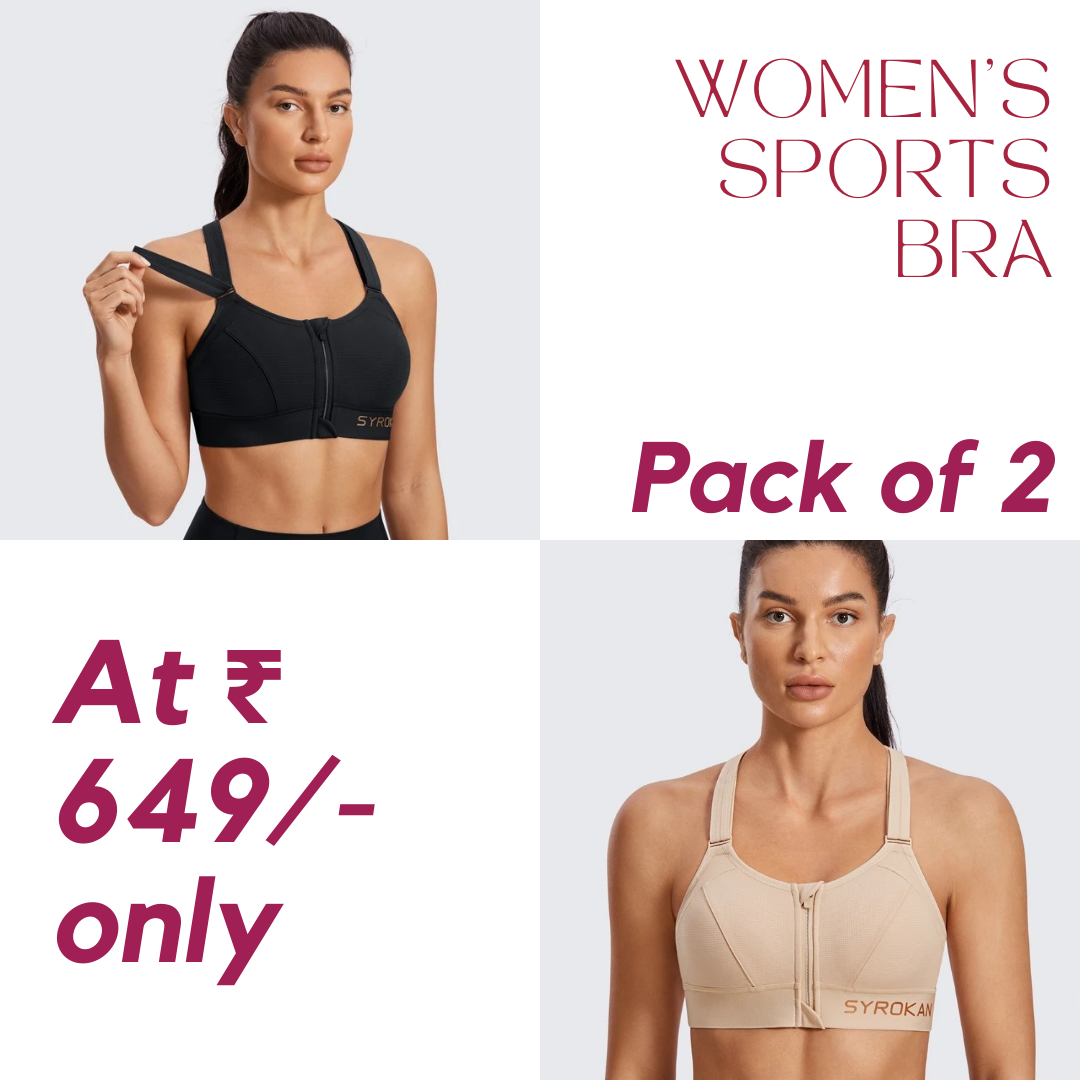 High Impact Zip Up Front Cross Back Bra - (Pack af 2) Adjustable Size (MultiColor)