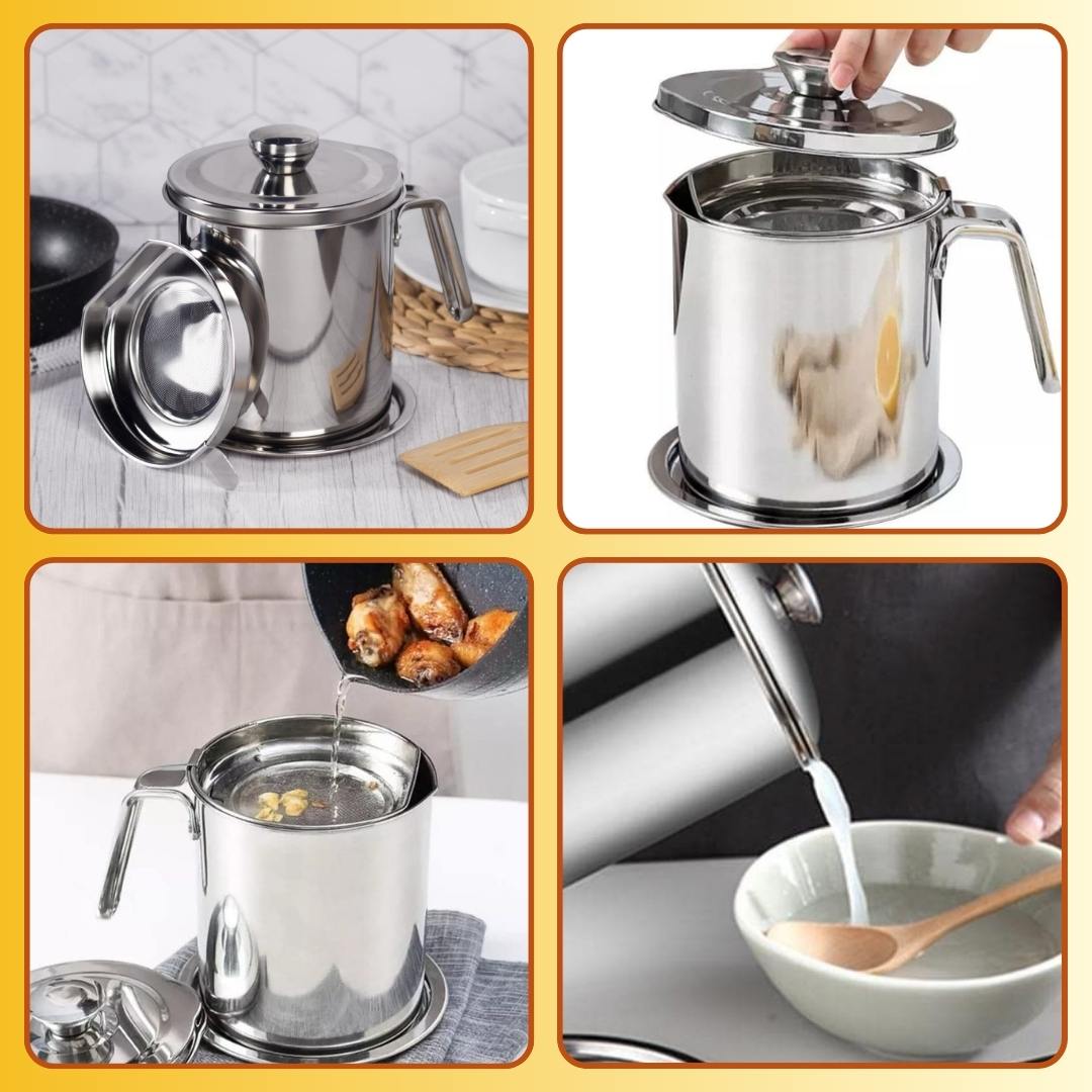 Stainless Steel Oil Strainer Pot With Free Kitchen Label Stickers