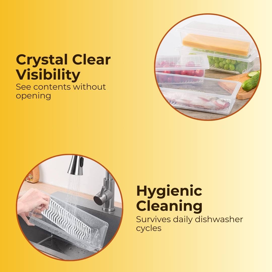 Fridge Storage Container with Drain Plate with Free Kitchen Stickers