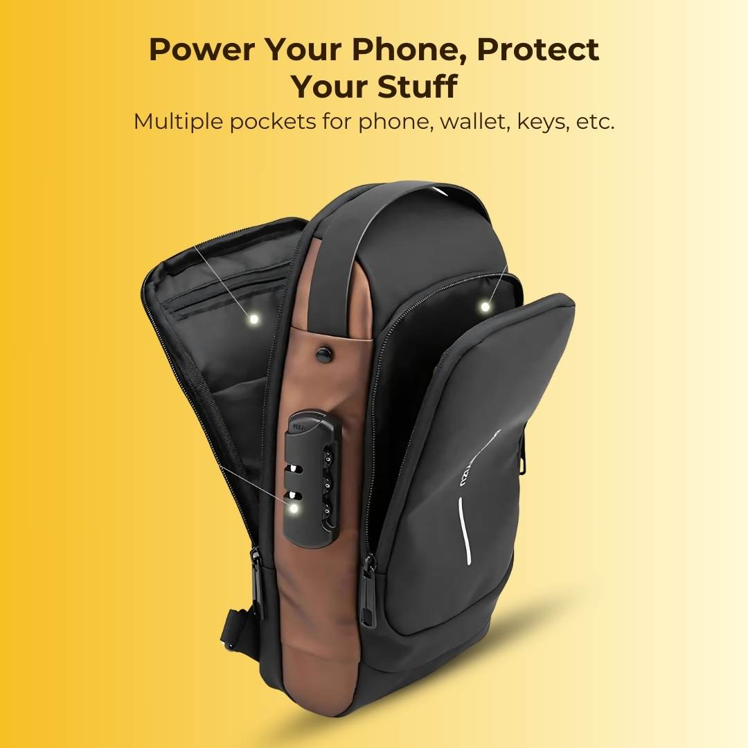 Anti-Theft Sling Travel Bag Pack With USB Charging & Waterproof Build - With FREE Lightening USB Charging Cable