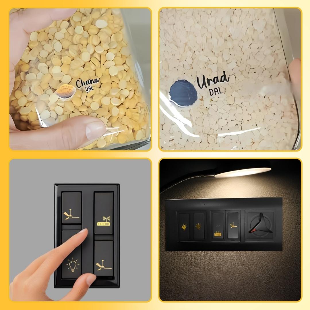 Set Of 45 3D Kitchen Label Stickers With Set of 100 Black & Gold Switch Sticker Combo