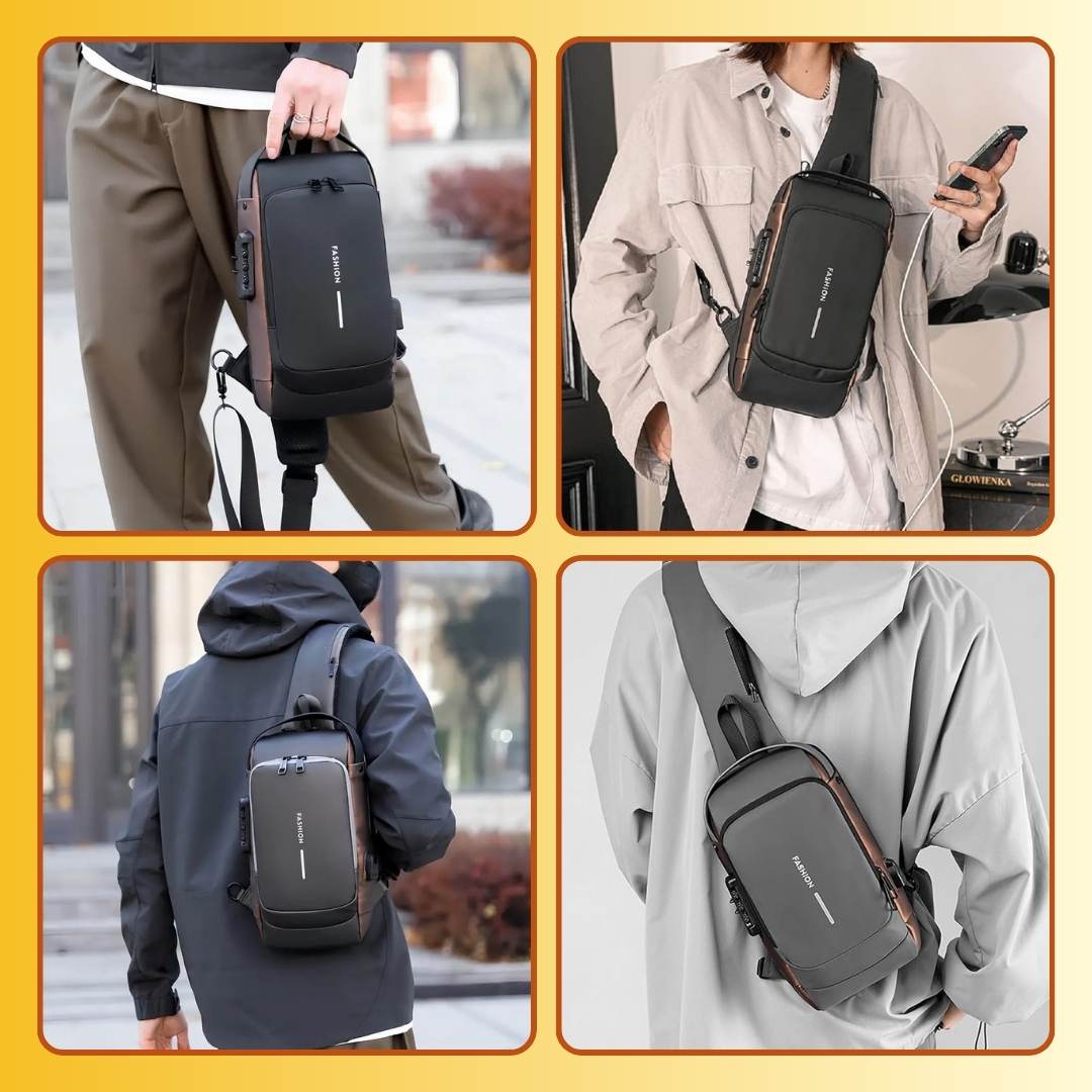 Anti-Theft Sling Travel Bag Pack With USB Charging & Waterproof Build - With FREE Lightening USB Charging Cable