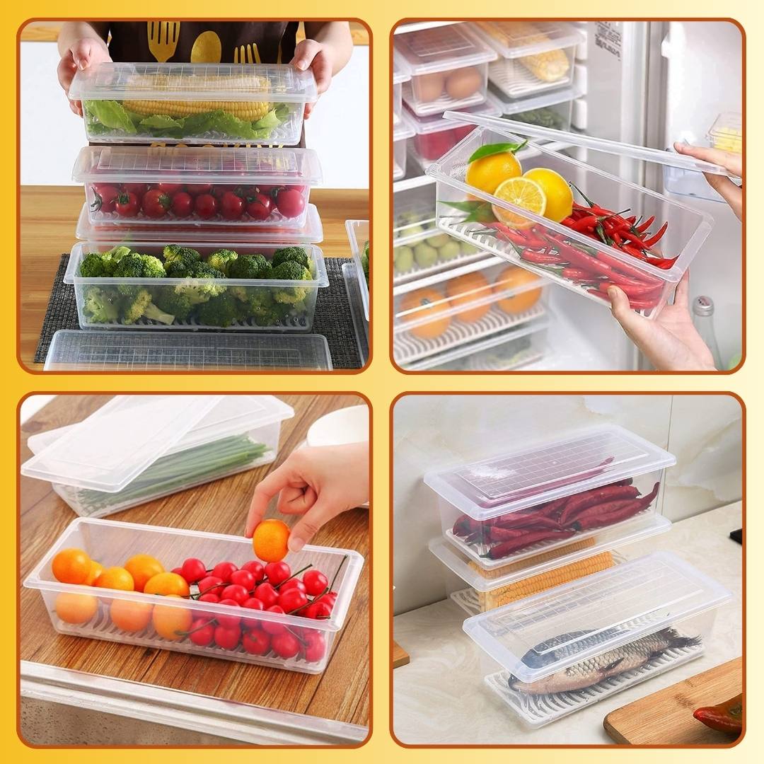 Fridge Storage Container with Drain Plate with Free Kitchen Stickers