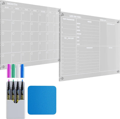 ELITEPRO™ Magnetic Acrylic Calendar & Planner, Acrylic Dry Erase Board for Fridge, 16"x12" Clear Calendar & Memo Board for Refrigerator, Monthly Planner and Whiteboard, Includes 4 Dry Erase Markers, Eraser, Pen Holder