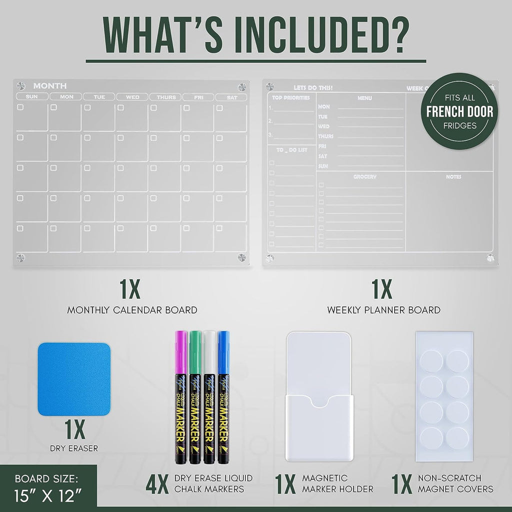 ELITEPRO™ Magnetic Acrylic Calendar & Planner, Acrylic Dry Erase Board for Fridge, 16"x12" Clear Calendar & Memo Board for Refrigerator, Monthly Planner and Whiteboard, Includes 4 Dry Erase Markers, Eraser, Pen Holder