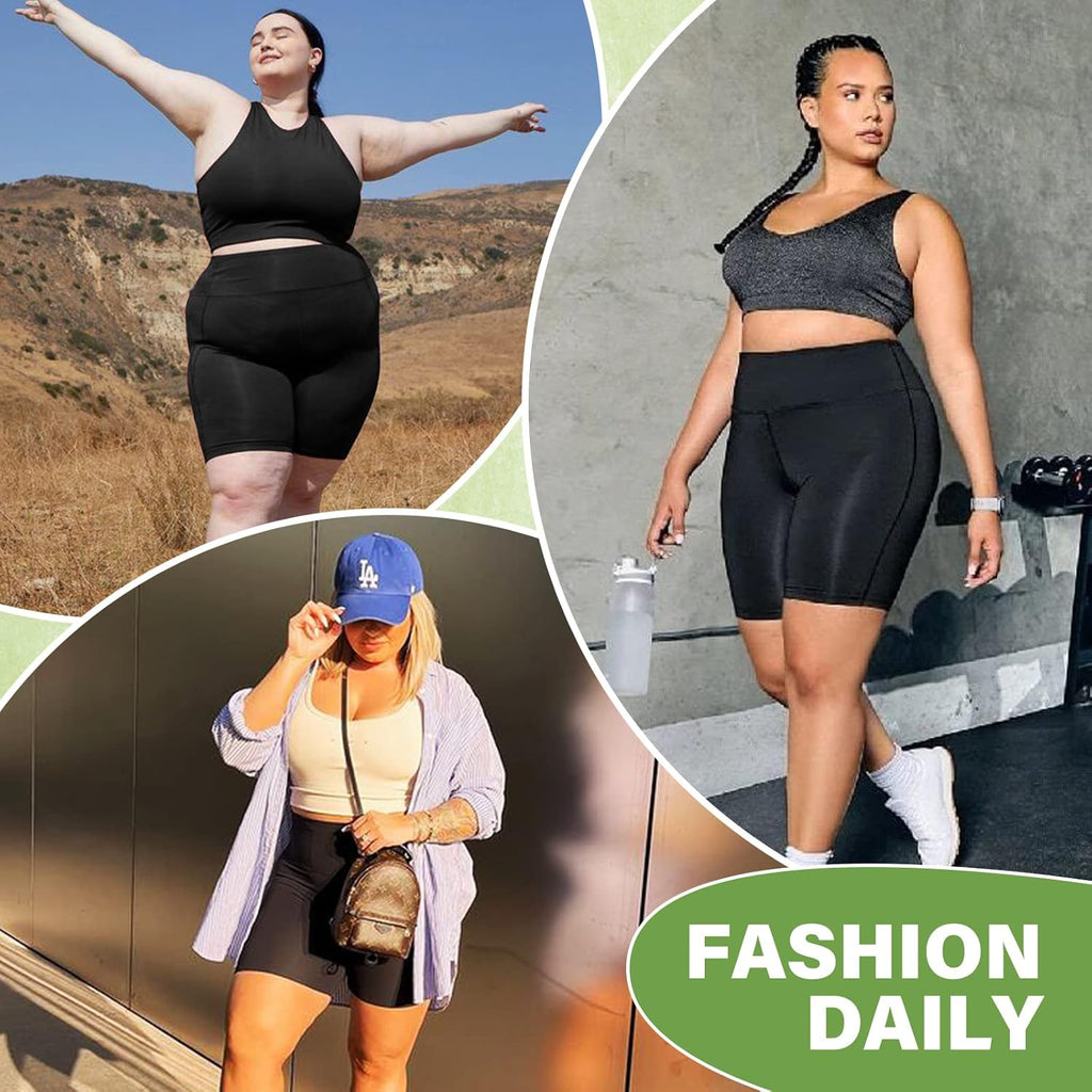 ELITEPRO™ 3 Pack Plus Size Sports Leggings Set, Women's Plus Solid Wide Waistband Tummy Control Yoga Biker Shorts With Phone Pockets 3pcs Set