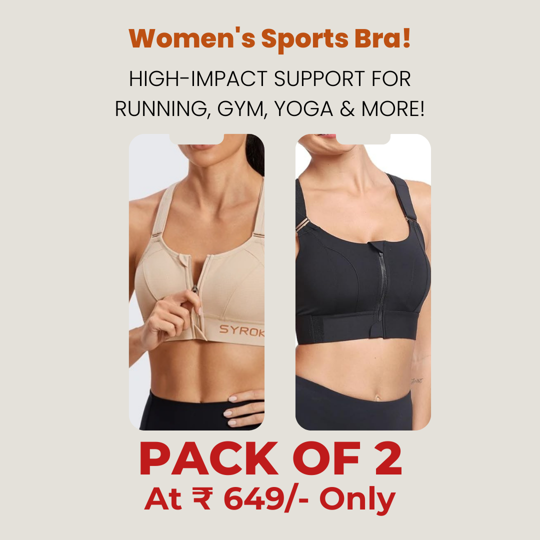 High Impact Zip Up Front Cross Back Bra - (Pack af 2) Adjustable Size (MultiColor)