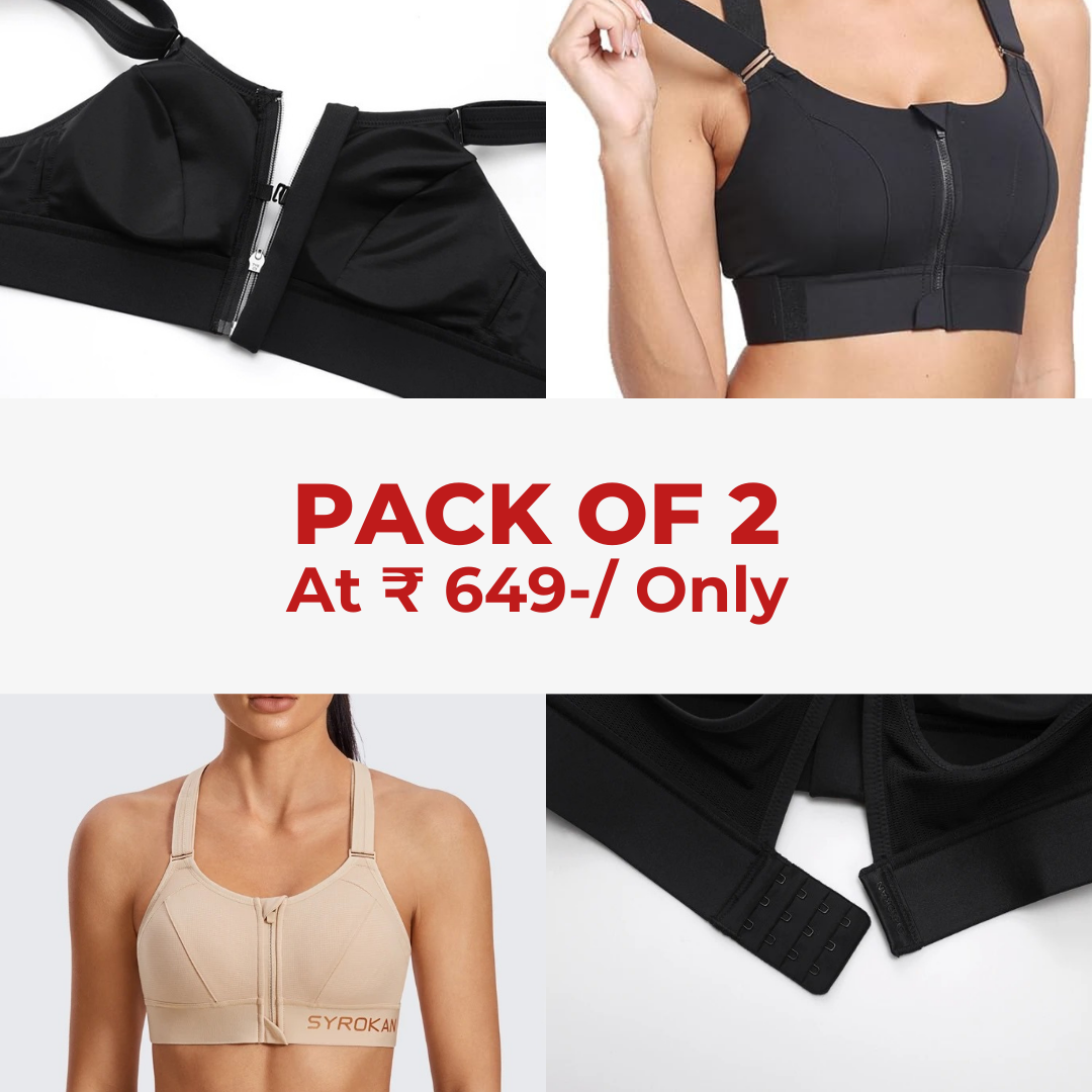 High Impact Zip Up Front Cross Back Bra - (Pack af 2) Adjustable Size (MultiColor)