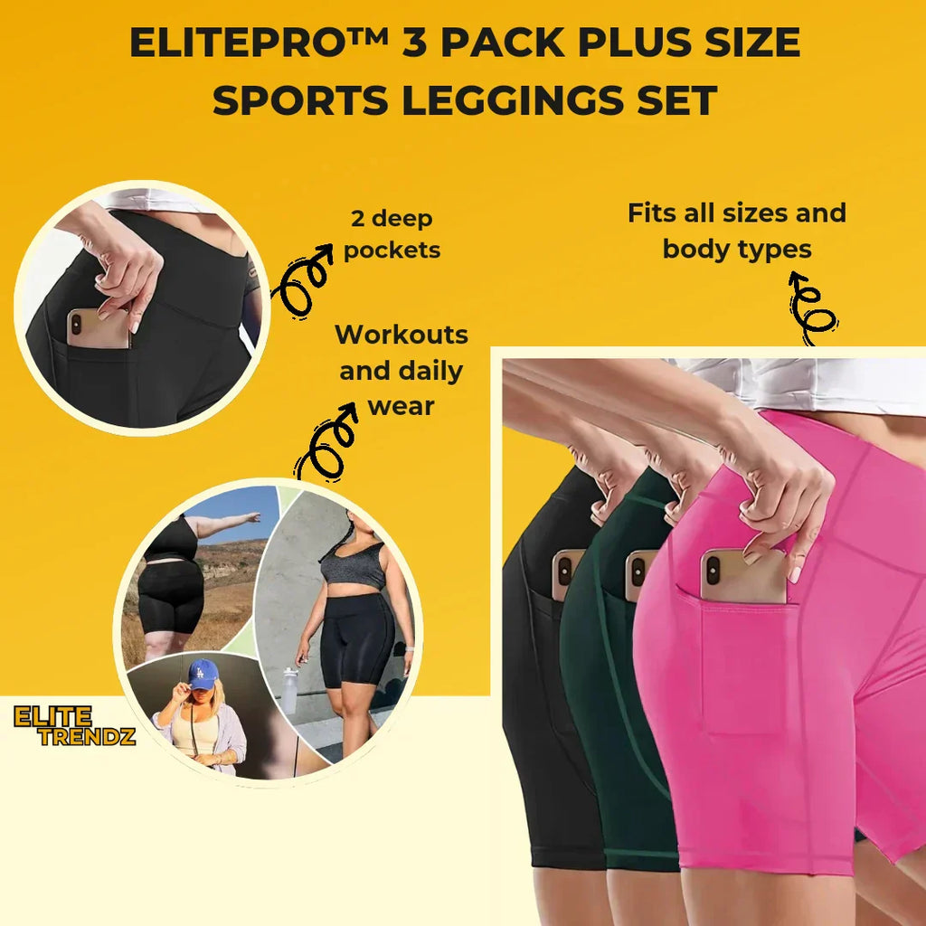 ELITEPRO™ 3 Pack Plus Size Sports Leggings Set, Women's Plus Solid Wide Waistband Tummy Control Yoga Biker Shorts With Phone Pockets 3pcs Set