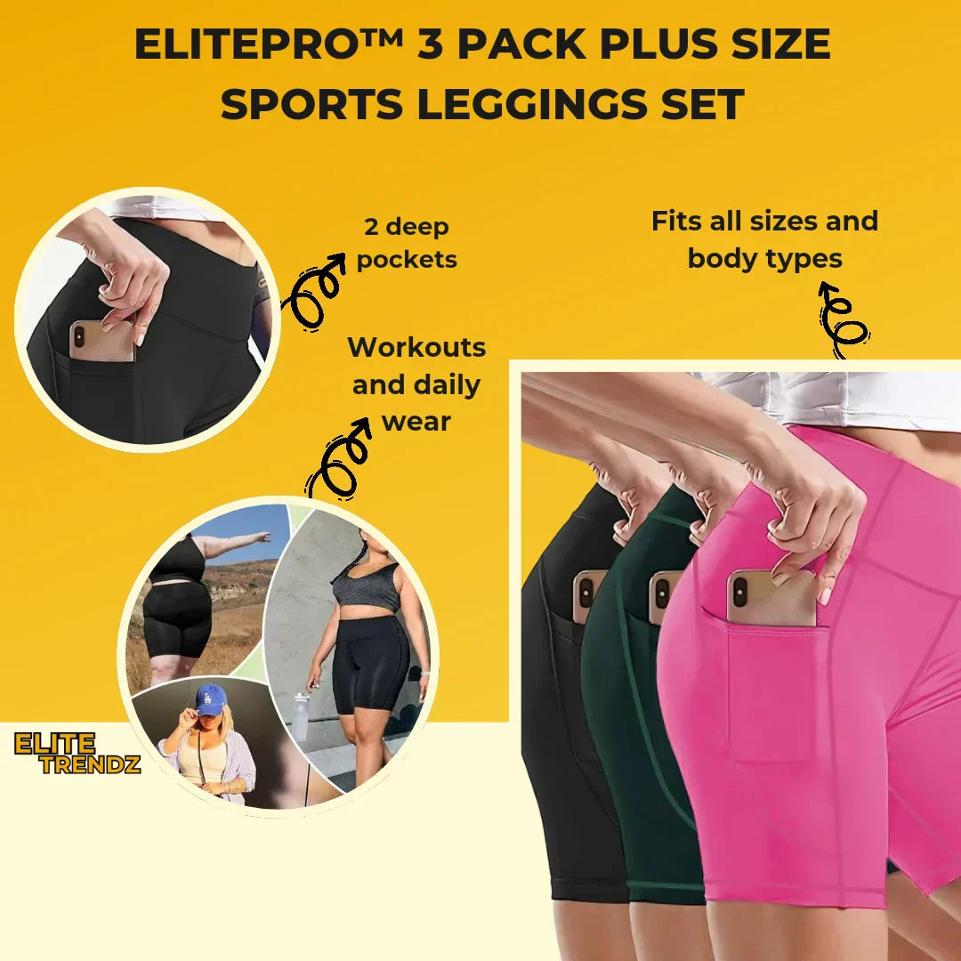 ELITEPRO™ 3 Pack Plus Size Sports Leggings Set, Women's Plus Solid Wide Waistband Tummy Control Yoga Biker Shorts With Phone Pockets 3pcs Set